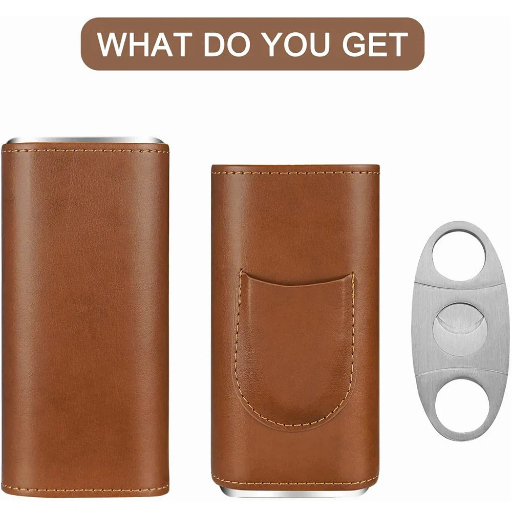 Estuche de piel con humidificador de viaje para cigarros, forro de madera de cedro, humidores de viaje para cigarros con cortador de cigarros de acero inoxidable