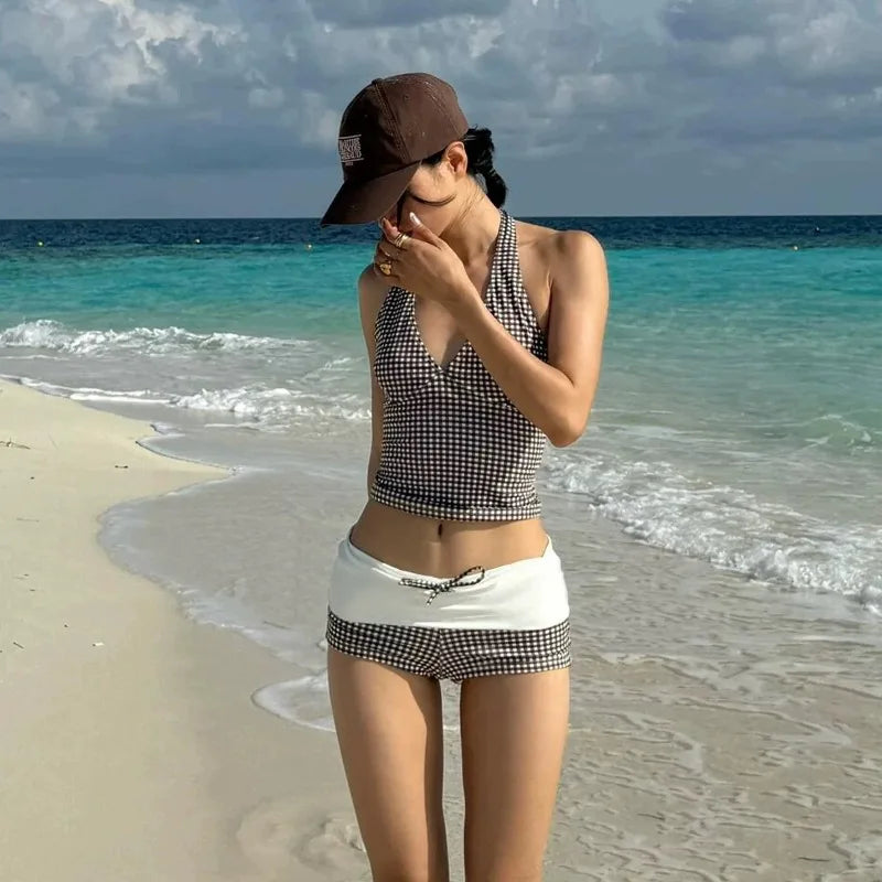 Nuevo y sexy conjunto de bikini con escote pronunciado y push up, braguita a cuadros de talle alto con control de abdomen y traje de baño de dos piezas sin espalda para vacaciones en la playa
