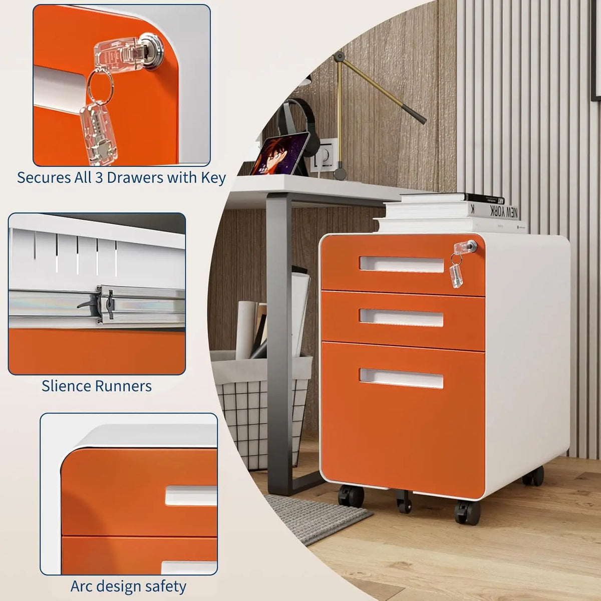 Archivador metálico con cerradura de 3 cajones, móvil, para guardar debajo del escritorio, con 5 ruedas, antivuelco, para organización de oficina en casa