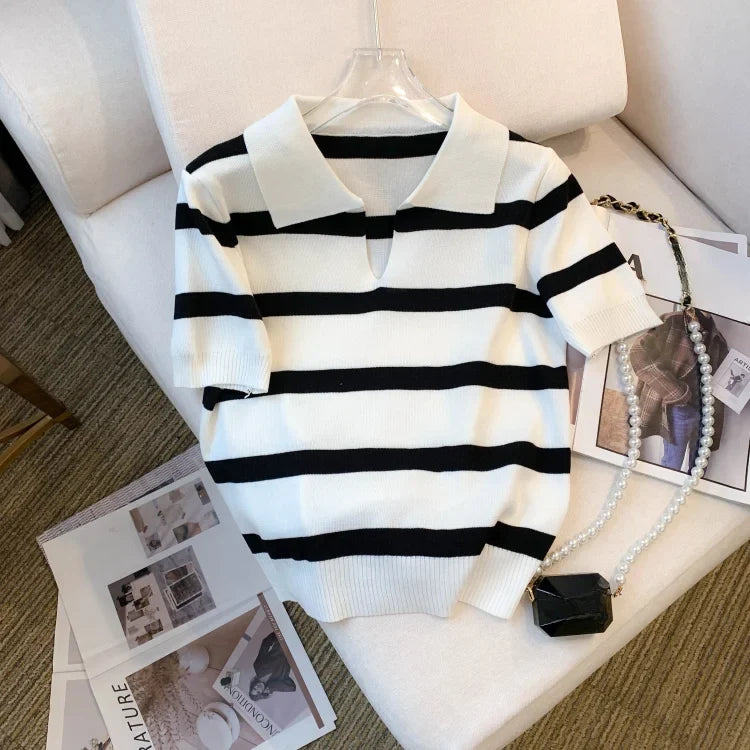 2026 New Striped Pattern Collared Sweater Versatile Short Sleeve Knitted Top For Spring & Summer Women's Clothing Crop Top