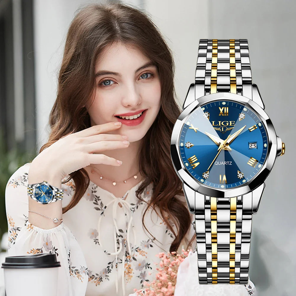 Women's Blue Sunburst Dial Two Tone Stainless Watch