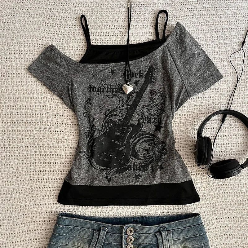 Y2k Slim Fit Print Tops Women Off Shoulder Short Sleeve Tee Shirt Neploe American Vintage Fake Two Piece Halter Lace Up T-shirts