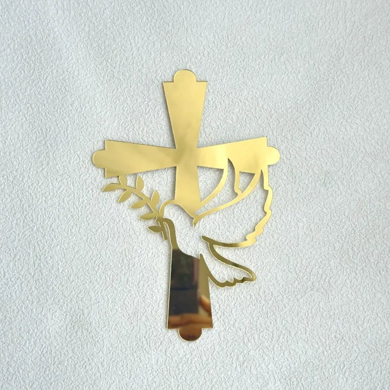 Ins Cross Christ Birthday Cake Topper Gold Acrylic Dove Cross for Eucharist Baby Baptism Party Cake Toppers Dessert Decoration