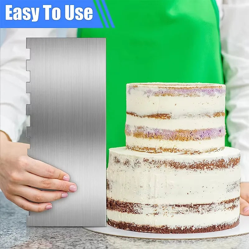 1 Rasqueta para tartas de acero inoxidable, rasqueta para tartas de metal, alisador, peine decorador de tartas de doble cara con borde estampado YY126