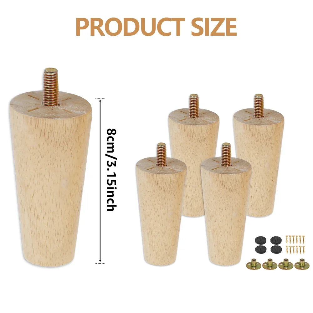 4 Patas de Madera de Repuesto para Muebles, Patas de Mesa de 8/15/20cm de Altura con Tornillos y Almohadillas para Sofá, Silla, Cama, Armario