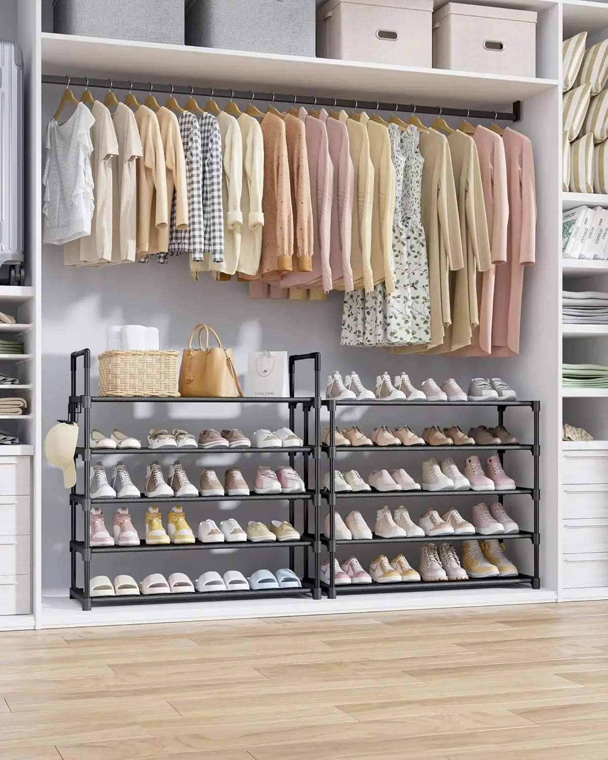 Zapatero de 10 niveles con ganchos - Organizador de gran capacidad que ahorra espacio para entrada, dormitorio, sala de estar, negro