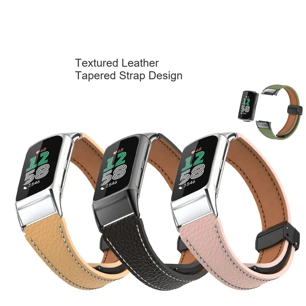 Fitbit Charge 5 & 6 Leather Band - Magnetic Folding Clasp