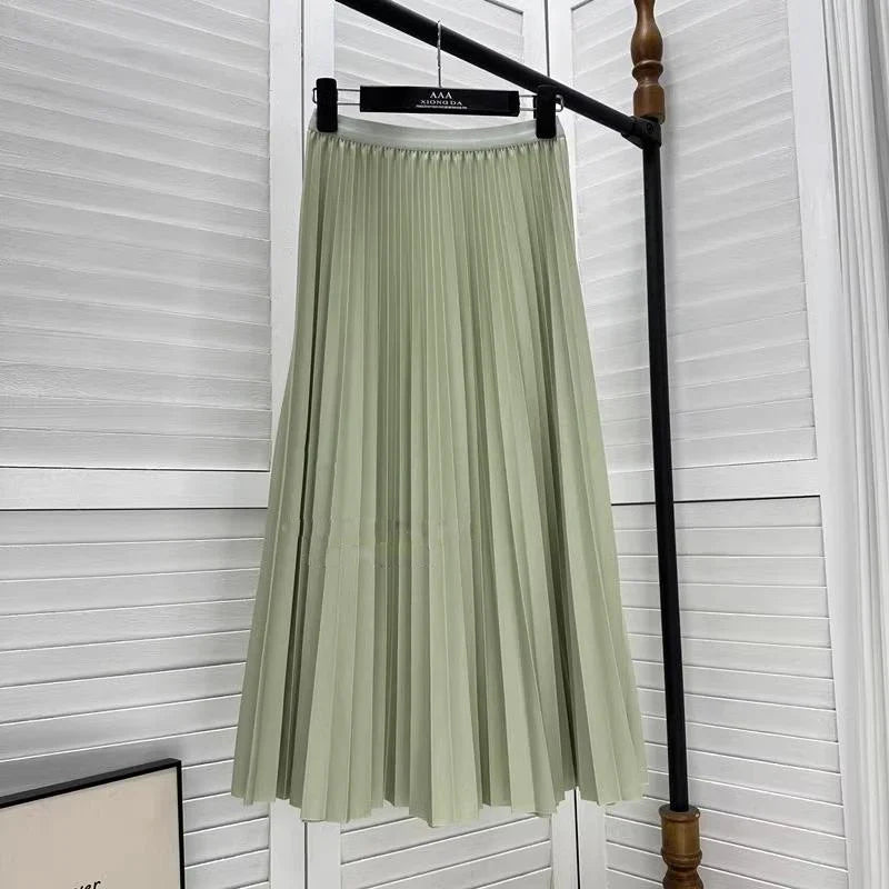 2026 Elegant High Waist Pleated Skirt for Women Mid-long Midi Skirt Female High Quality Black Saia