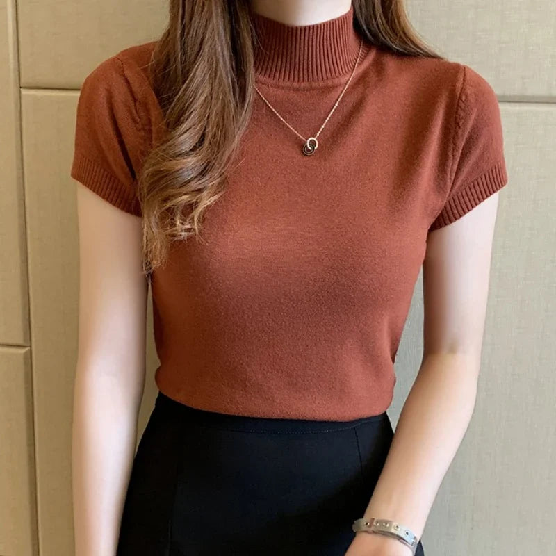 Turtleneck T-Shirt Women's Fashion Jumper Casual Tops Korean Style Elegant Solid-Coloured Clothing Spring And Summer Season