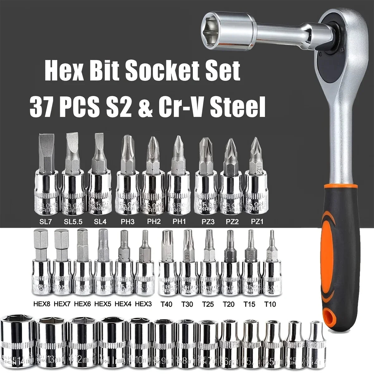46Pcs Family Tools 1/4 Inch Drive Socket Set, Metric & SAE Hex Bit Sockets with Ratchet Wrench for Auto Repair & Household Tools