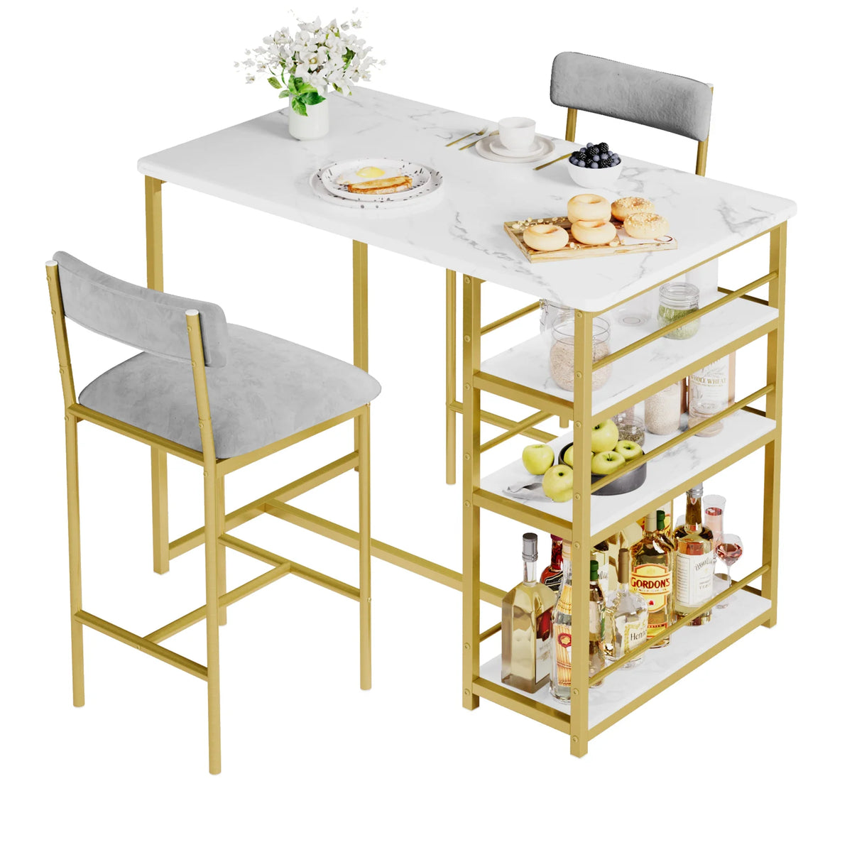 Juego de mesa y sillas de comedor de 3 piezas, mesa de bar que ahorra espacio con 2 taburetes tapizados en cuero PU para desayunador, espacios pequeños y comedor