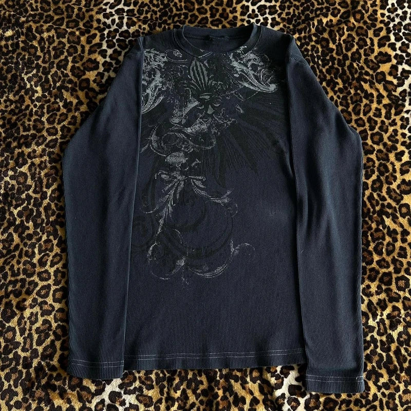 Camiseta térmica de manga larga estilo Y2K grunge, cyber mall goth, con estampado gráfico de calaveras, tops tipo pulóver, estética vintage de los 90 para mujer