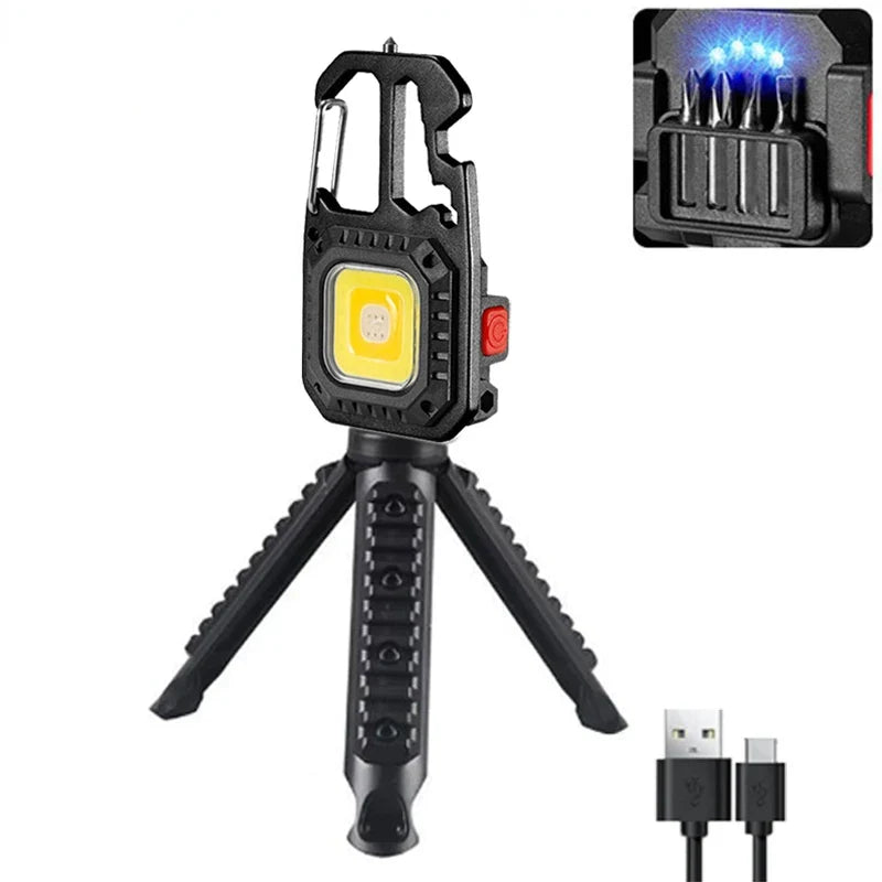 Mini LED Keychain Portable Work Light Pocket Flashlight USB Rechargeable Outdoor Camping Lamp With Window Hammer Bottle Opener