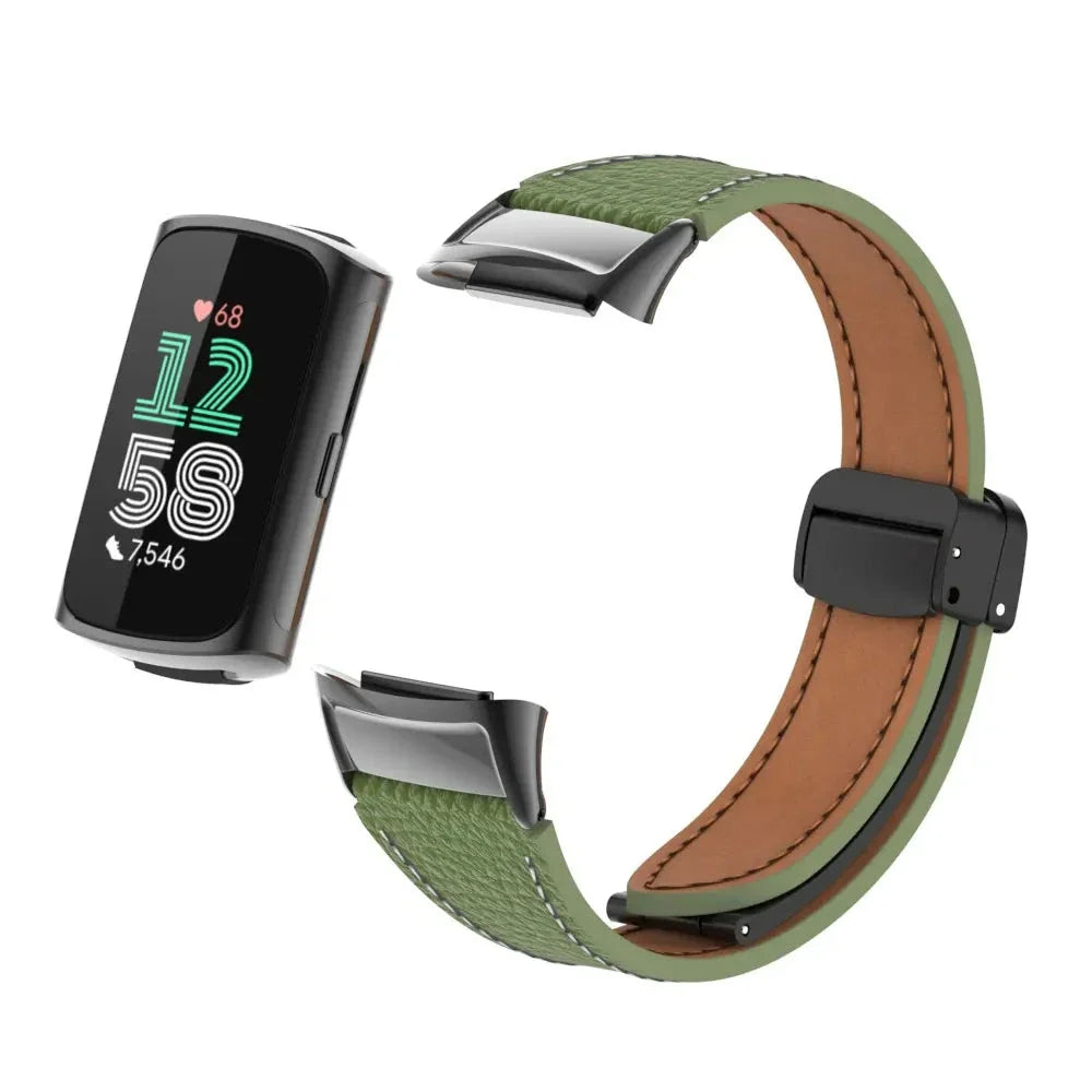 Fitbit Charge 5 & 6 Leather Band - Magnetic Folding Clasp