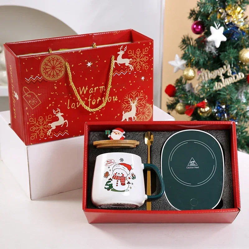 Christmas Gift New Year Set:55 ℃ Thermostat Mugs Cup Snowman Ceramic Cup with Lid with Spoon Mugs Coffee Cups for Home or Office