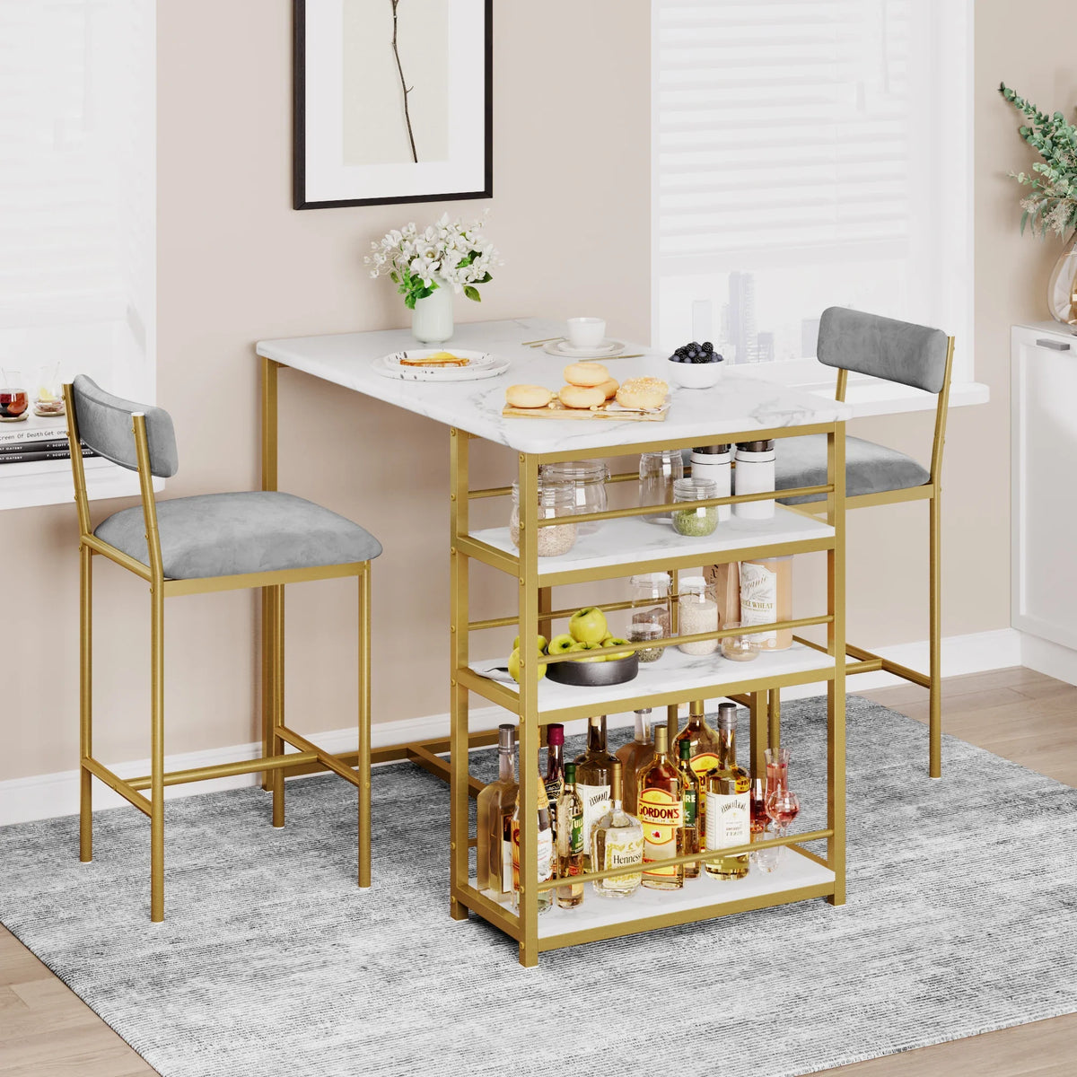 Juego de mesa y sillas de comedor de 3 piezas, mesa de bar que ahorra espacio con 2 taburetes tapizados en cuero PU para desayunador, espacios pequeños y comedor