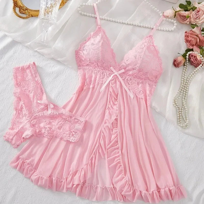 Conjunto de lencería sexy para mujer, sujetador erótico, camisón, lencería de encaje sexy, ropa de dormir, vestidos ajustados suaves, cuello en V, camisón completo y vestidos