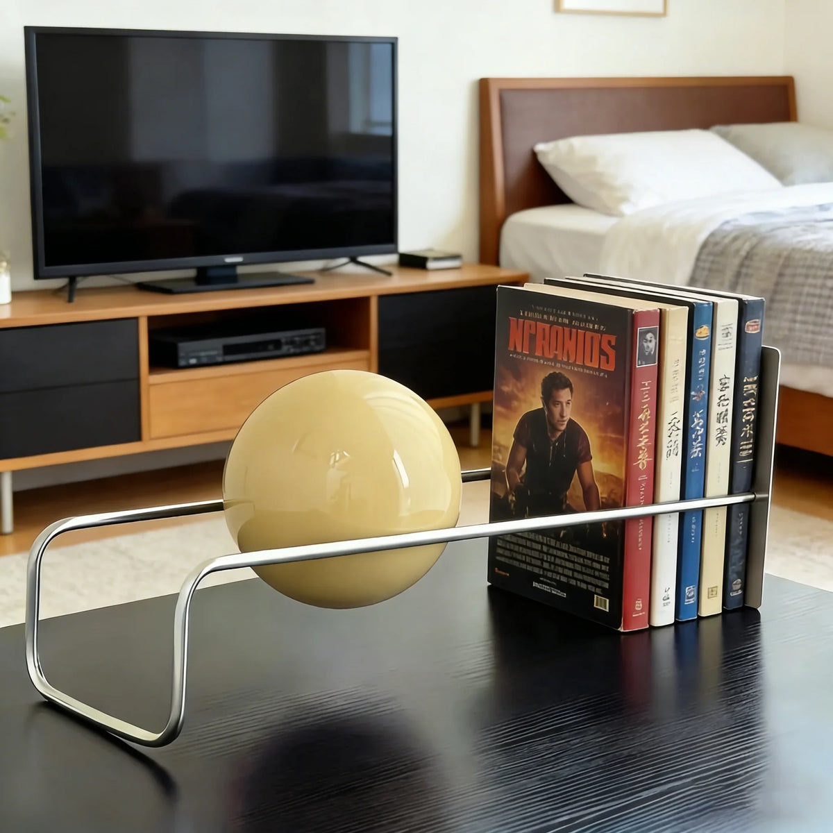 Modern Gravity Ball Book Holder – Bauhaus Mid-Century Desktop Organizer, Chic Magazine & Newspaper Rack, Stylish Office Desk