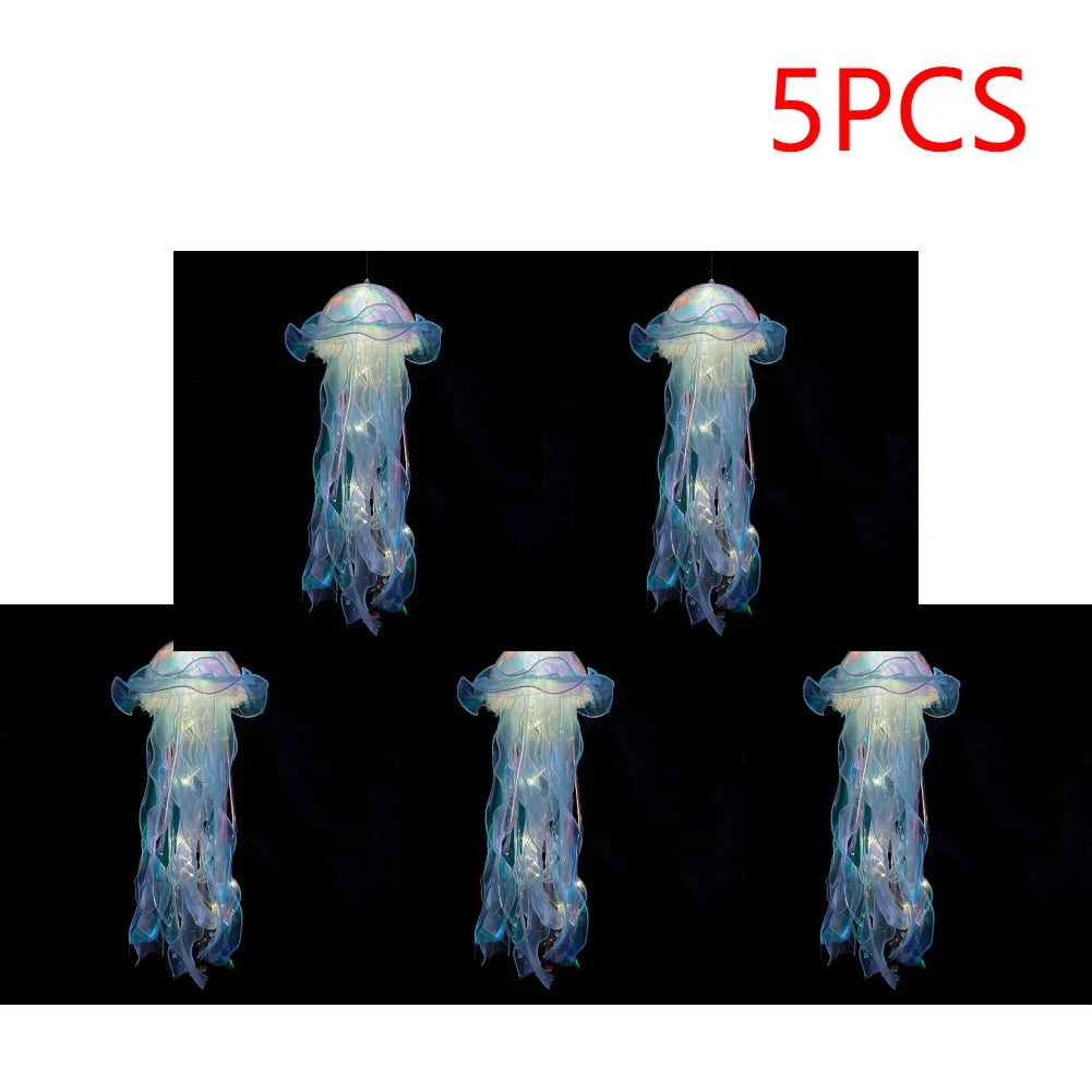 Jellyfish Colorful Nightlight Button Battery Hanging Ceiling Lantern with Ribbon&Bead LED Bulbs for Children Bedroom