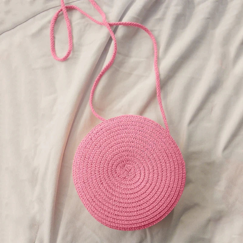 Summer Round Straw Bag For Women Woven Handmade Shoulder Bag New Travel Rattan Beach Bag Casual Style Crossbody Bag Handbag Purs