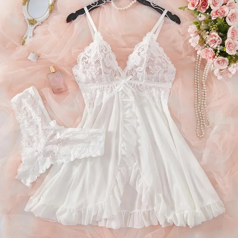 Conjunto de lencería sexy para mujer, sujetador erótico, camisón, lencería de encaje sexy, ropa de dormir, vestidos ajustados suaves, cuello en V, camisón completo y vestidos