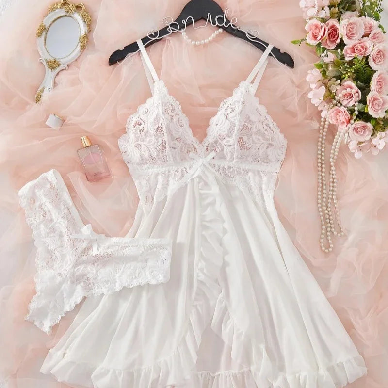 Conjunto de lencería sexy para mujer, sujetador erótico, camisón, lencería de encaje sexy, ropa de dormir, vestidos ajustados suaves, cuello en V, camisón completo y vestidos