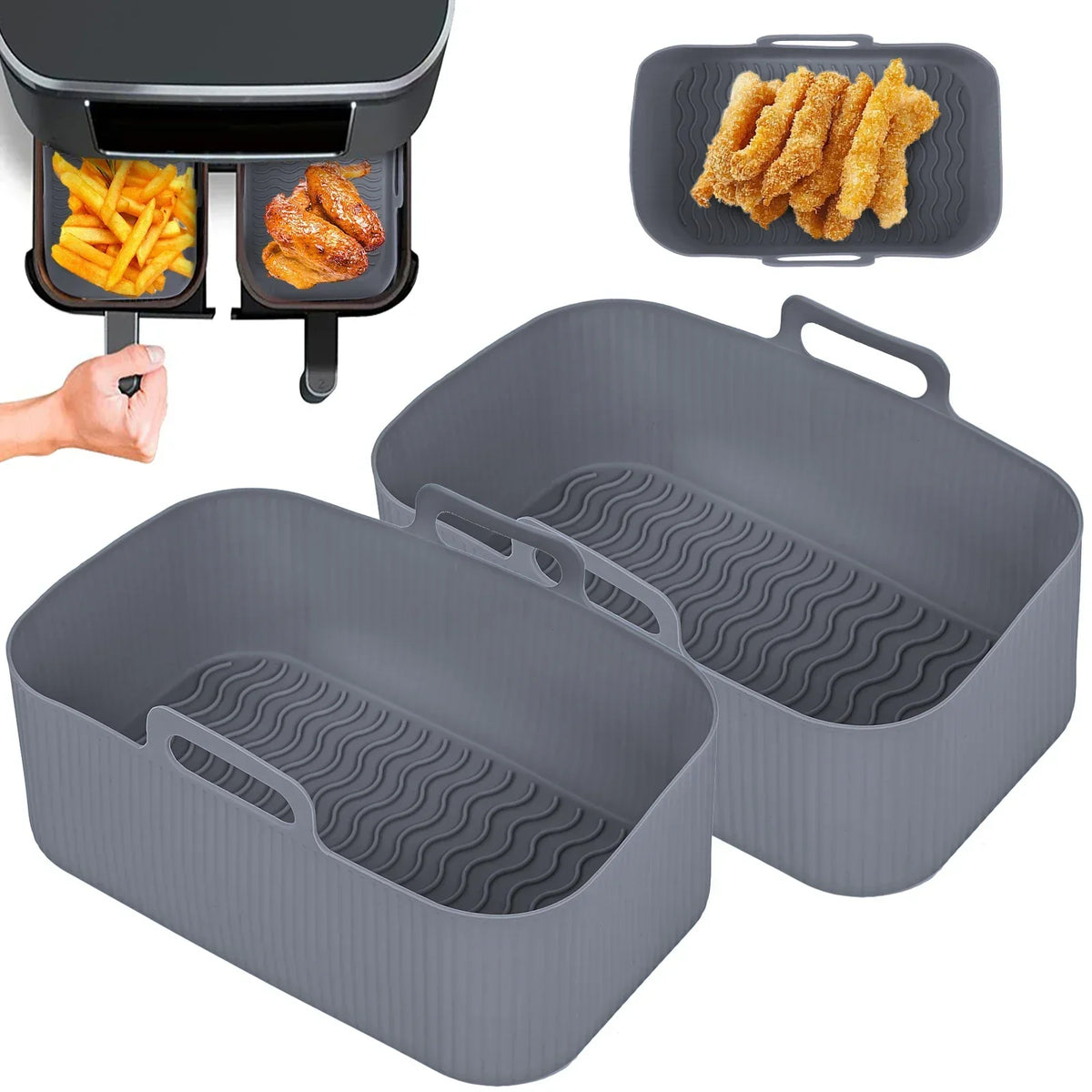 Bandeja de silicona para freidora de aire de 2/1 pieza, cesta para hornear rectangular, inserto de revestimiento reutilizable, plato de pollo frito para accesorios de freidoras de aire