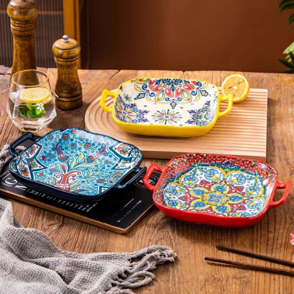 1 piece of 9-inch Bohemian style salad plate with double ear ceramic pasta dish, can be used for oven, microwave