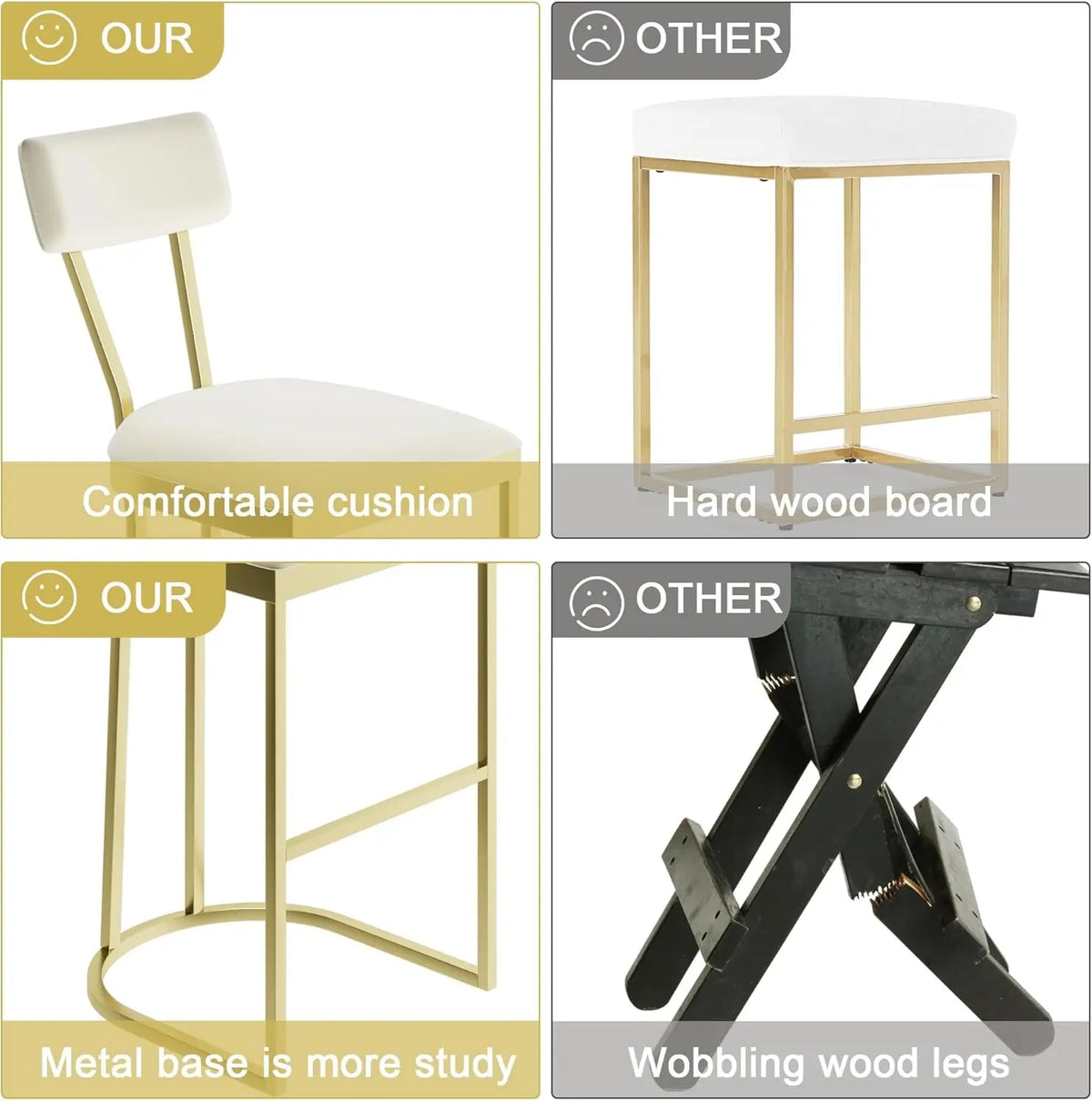 Juego de 2 taburetes de bar de altura de mostrador con respaldo, estructura de metal y asiento tapizado, taburetes altos para isla de cocina, comedor de casa