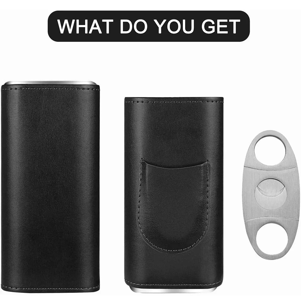Estuche de piel con humidificador de viaje para cigarros, forro de madera de cedro, humidores de viaje para cigarros con cortador de cigarros de acero inoxidable