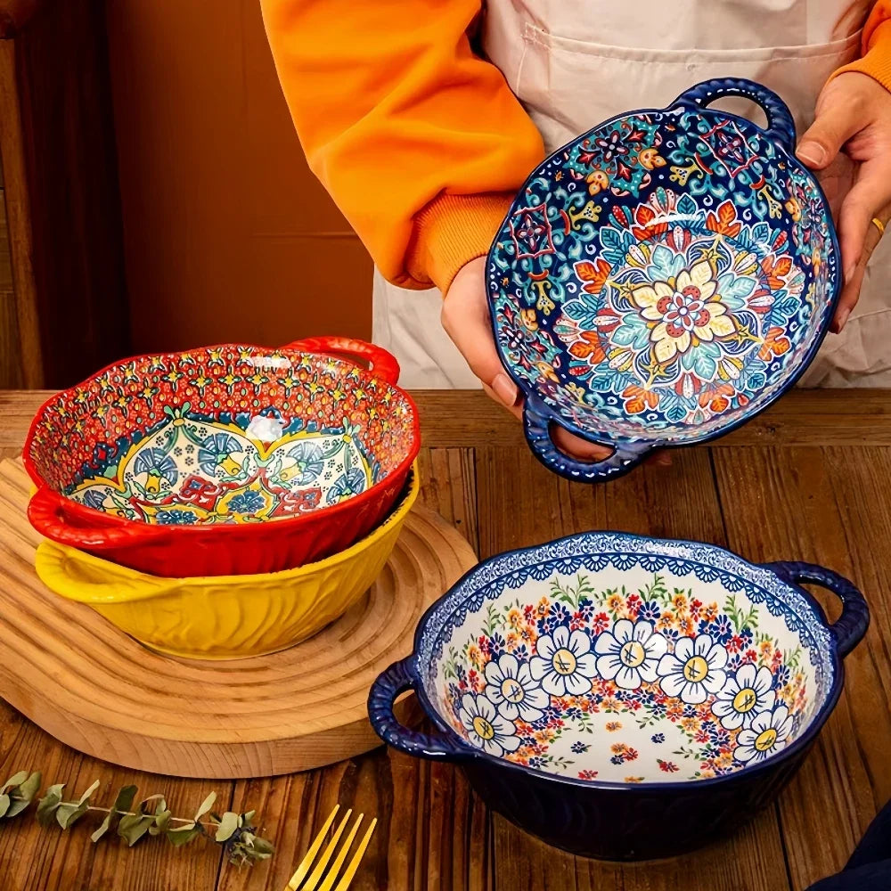 Tazón de sopa de cerámica estilo bohemio con asa, apto para microondas, diseño en relieve, ideal para servir sopas, ensaladas, fideos ramen