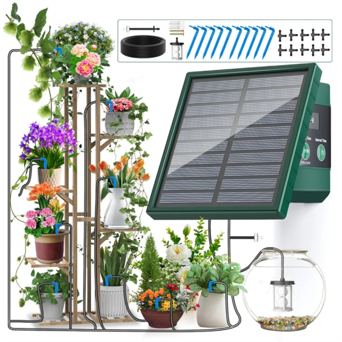 Sistema de riego solar para jardín, balcón, sistema de riego automático por goteo, sistema de riego de jardín DIY, riego por manguera de goteo