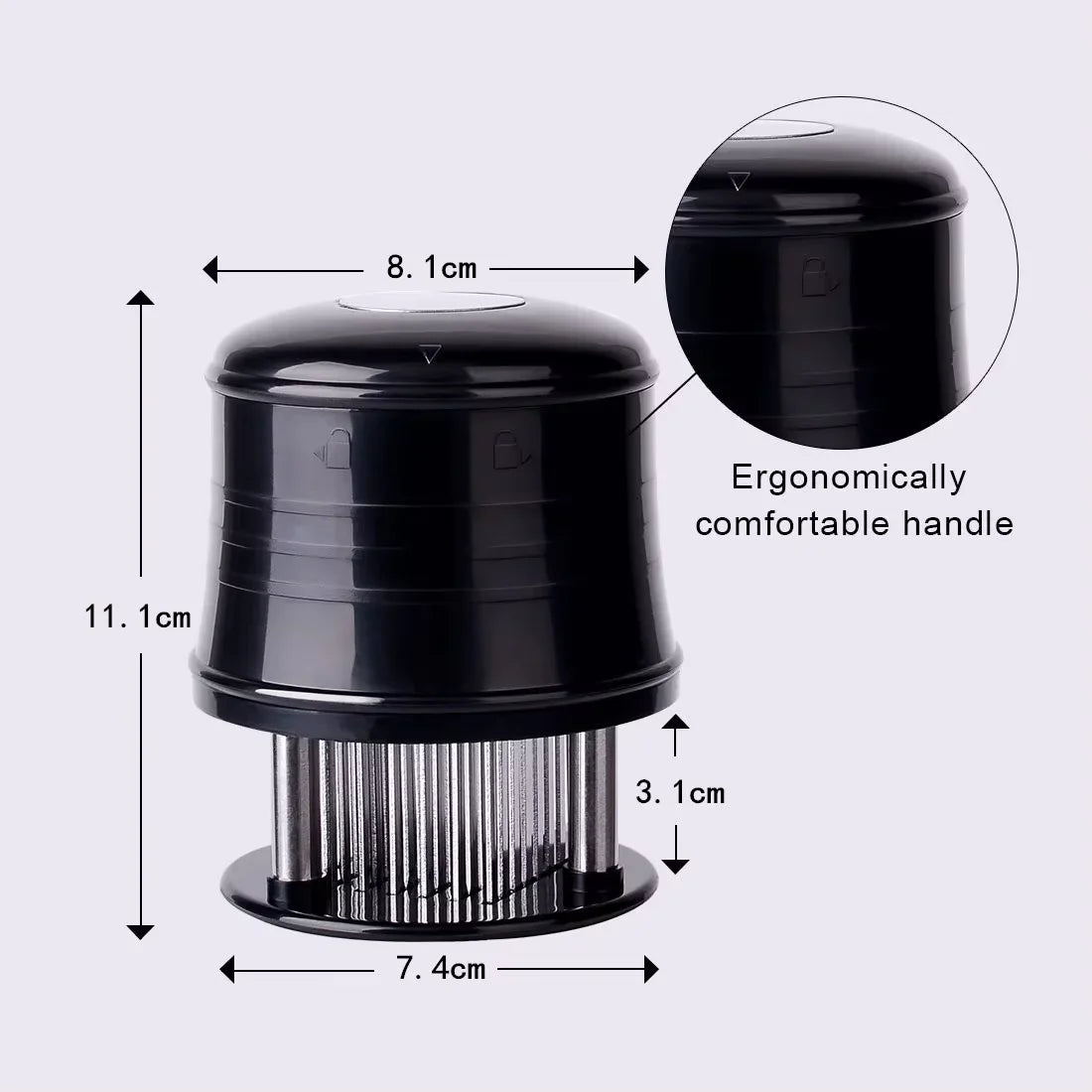 Ablandador de carne de aguja de 56 cuchillas ultra afiladas, ablandador de carne de res de acero inoxidable con bloqueo de seguridad YY034