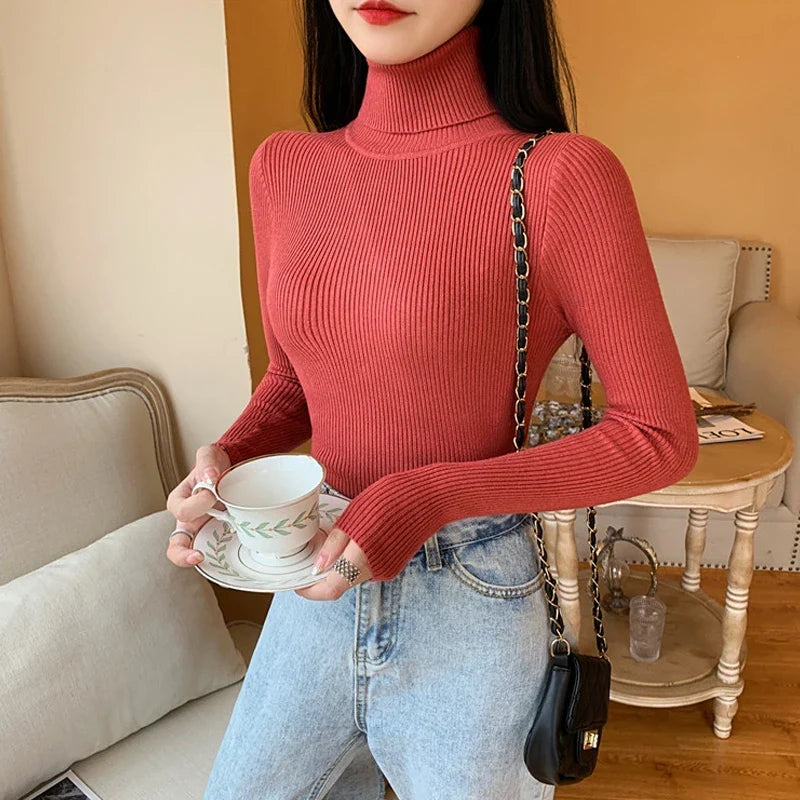 2026 Autumn Winter Women Long Sleeve Knitted Foldover Turtleneck Ribbed Pull Sweater Soft Warm Femme Jumper Pullover Clothes