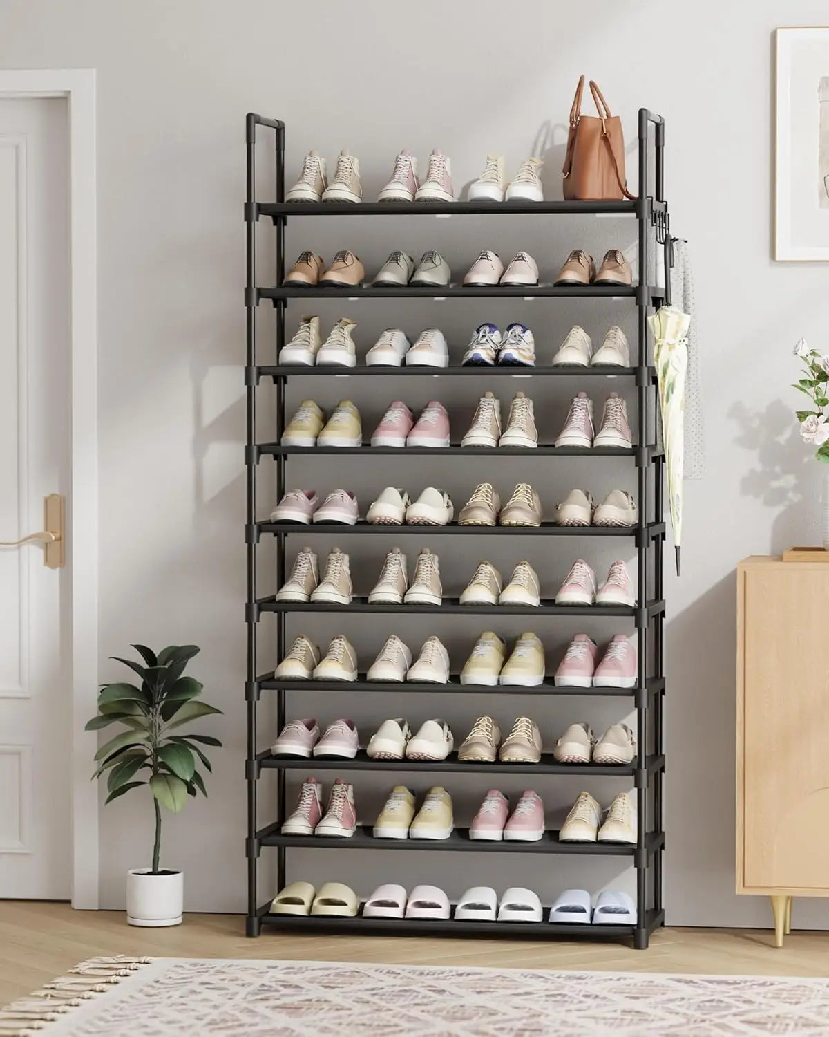 Zapatero de 10 niveles con ganchos - Organizador de gran capacidad que ahorra espacio para entrada, dormitorio, sala de estar, negro