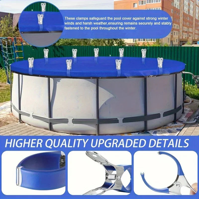 12 clips duraderos de acero inoxidable para cubiertas de piscina con mango de plástico azul - Adecuados para cubiertas de piscinas elevadas y fotografía