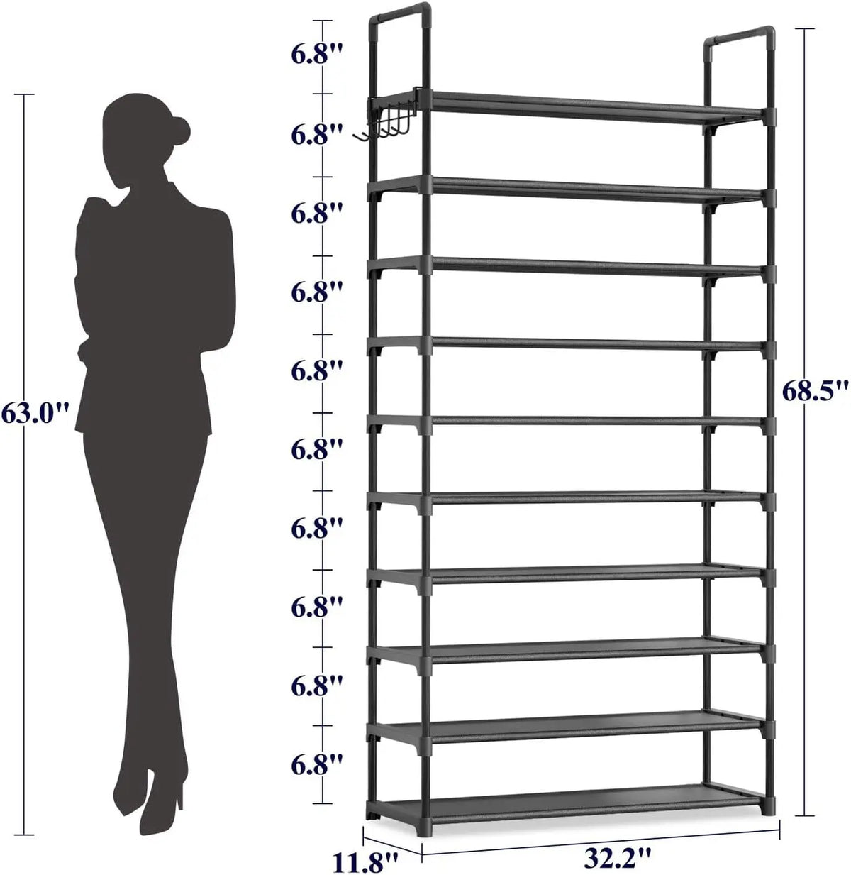 Zapatero de 10 niveles con ganchos - Organizador de gran capacidad que ahorra espacio para entrada, dormitorio, sala de estar, negro