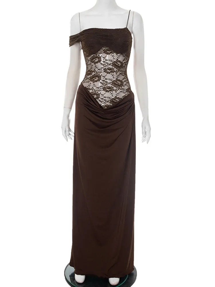 Mozision One Shoulder Lace See Through Sexy Maxi Dress Women Gown Fashion Off-shoulder Sleeveless Backless Club Long Dresses