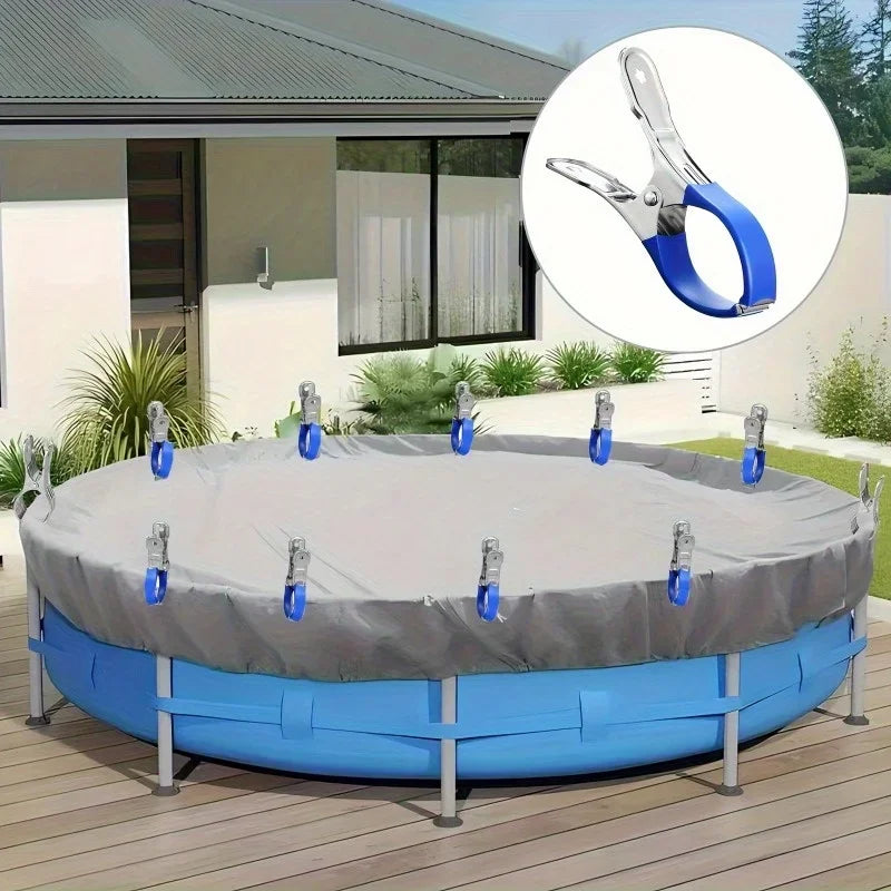 12 clips duraderos de acero inoxidable para cubiertas de piscina con mango de plástico azul - Adecuados para cubiertas de piscinas elevadas y fotografía