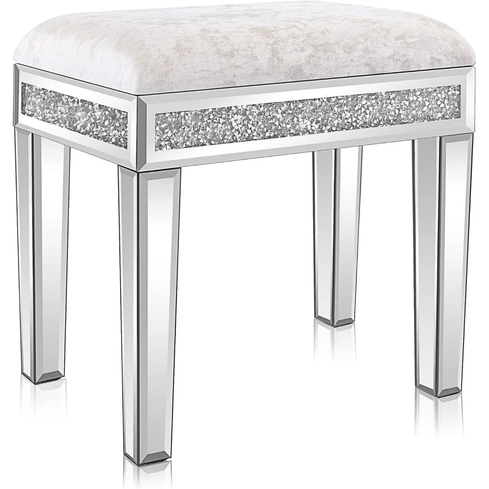 Taburete de tocador con espejo y almacenaje, otomana de terciopelo tapizada, banco para tocador de maquillaje con diamantes brillantes, plateado