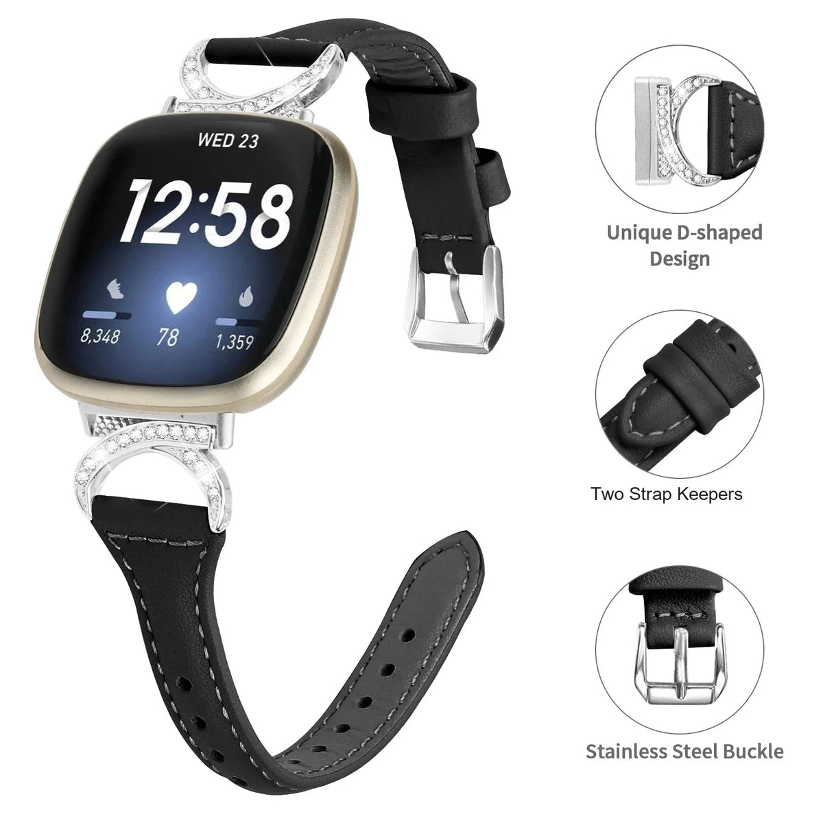 Fitbit Sense 1–2 / Versa 3–4 Leather Band with Sparkling D-Links