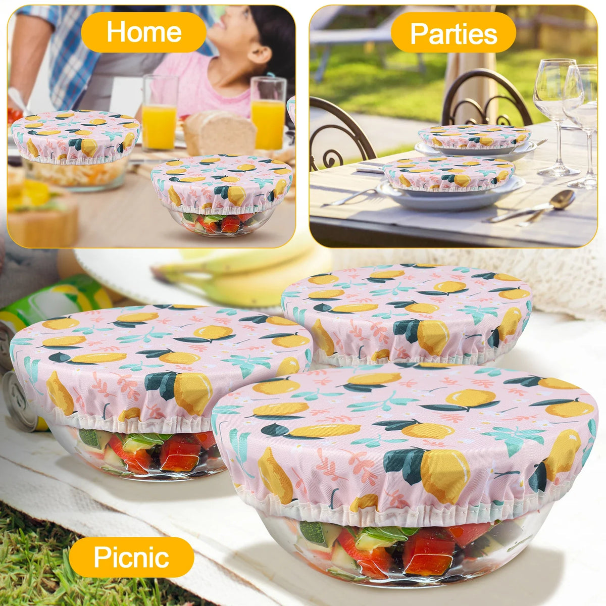 Juego de 3 cubiertas para cuencos, cubiertas elásticas reutilizables para cuencos de 3 tamaños, cubiertas de tela de algodón para recipientes de almacenamiento de alimentos para la cocina del hogar