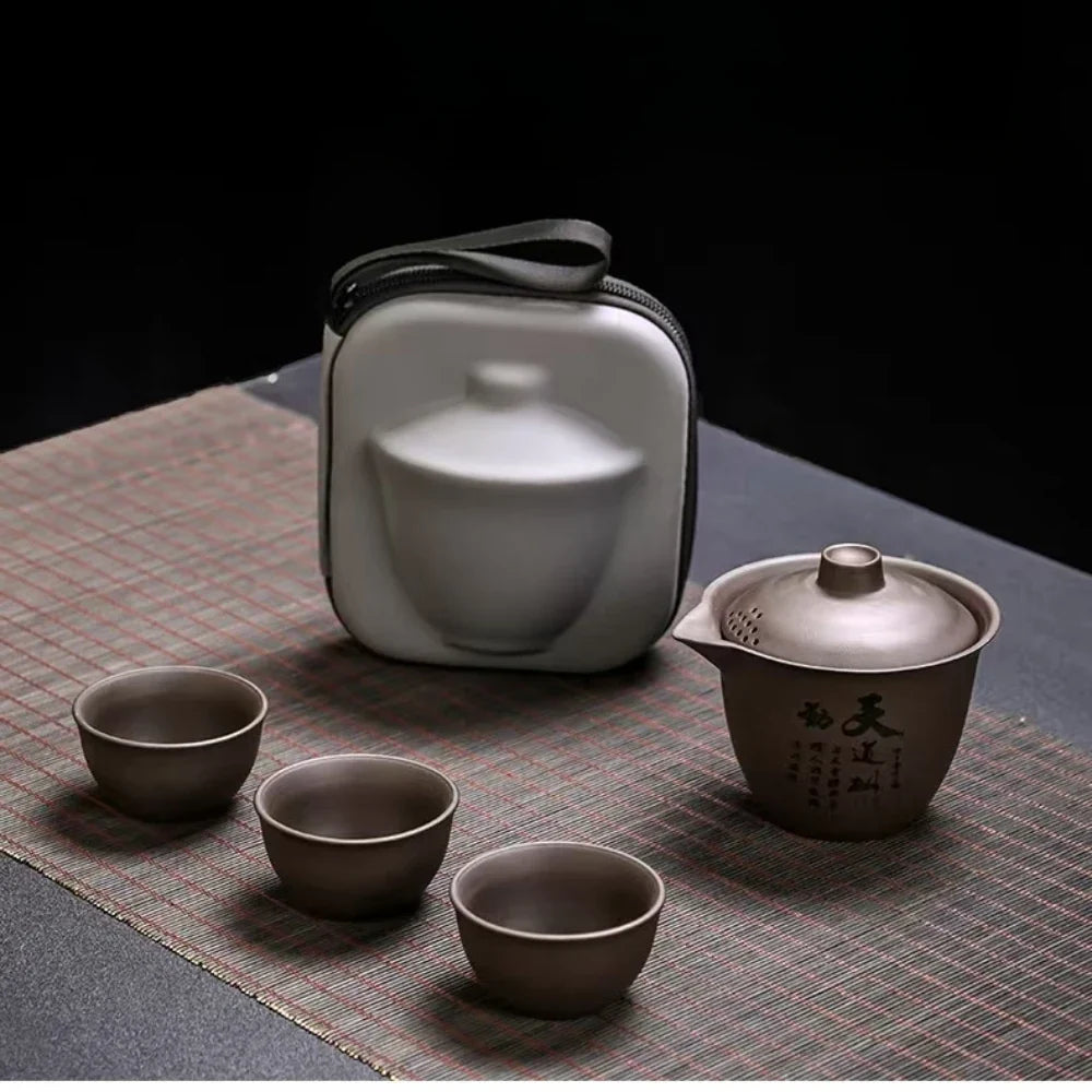 Juego de té de viaje portátil de cerámica, juego de té para acampar al aire libre, juego de una tetera y tres tazas