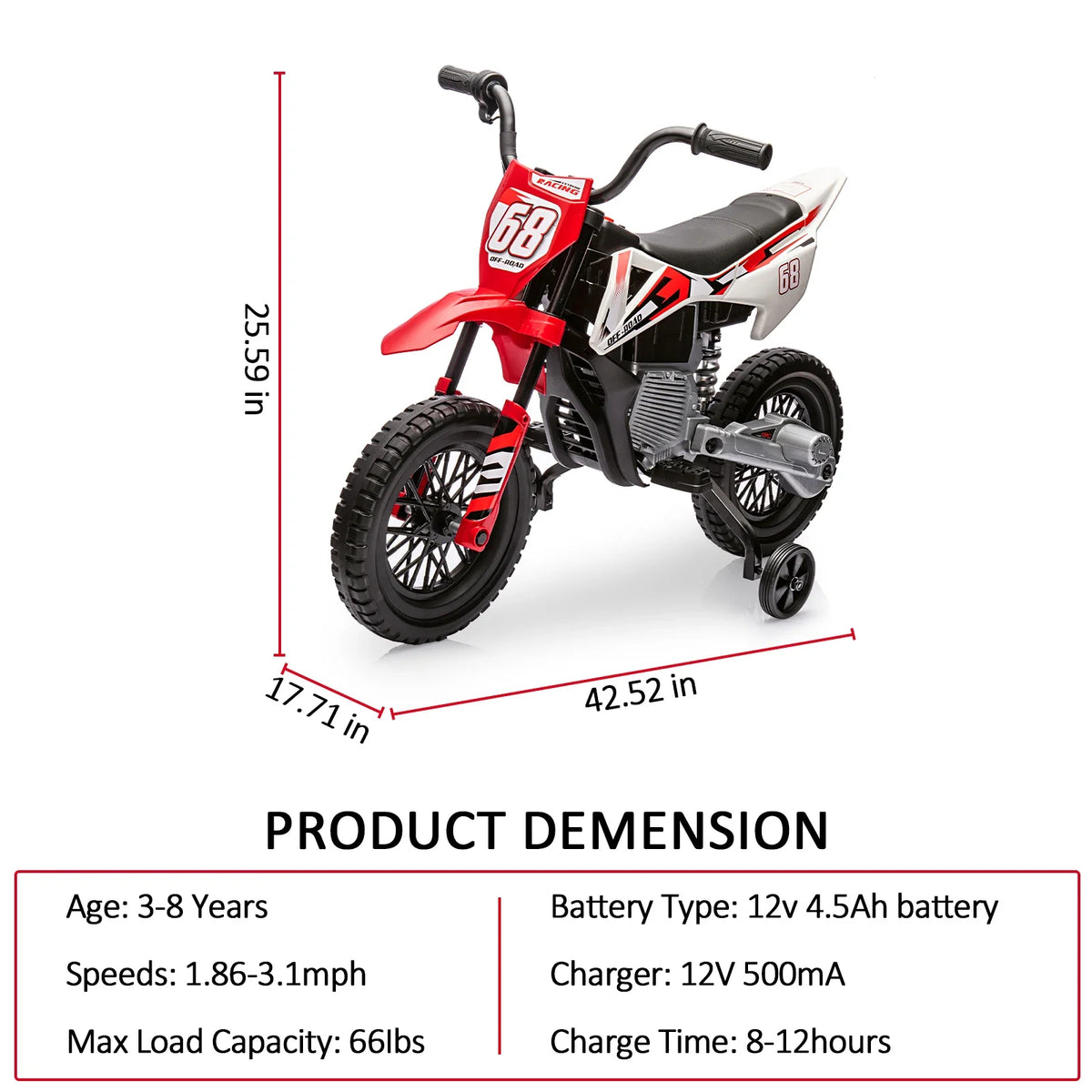 12V Electric Dirt Bike Kids Ride on Motorcycle for Toddlers with Traning Wheels Twist Grip Throttle 3Mph Max Speed and Music