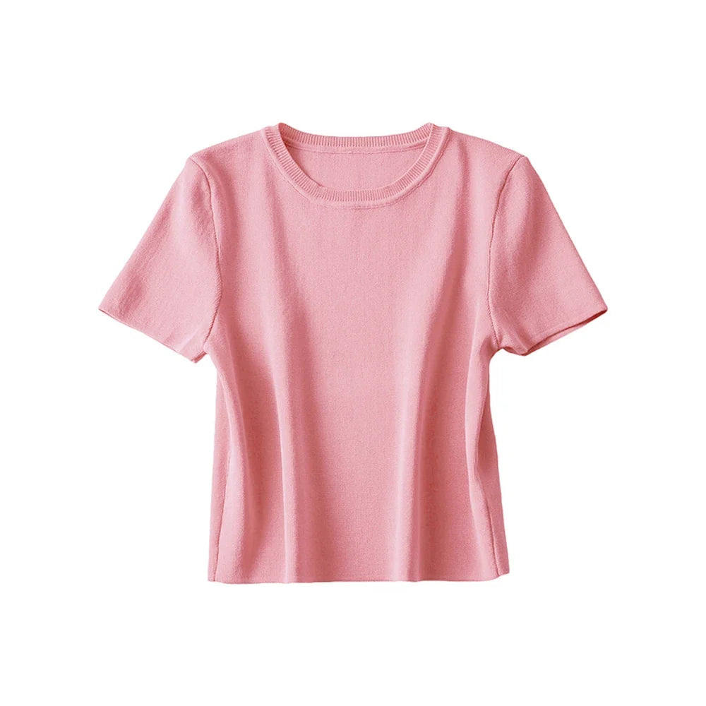 Women Fashion Striped Basic Cropped Knit Sweater Vintage O Neck Short Sleeve Female Pullovers Chic Tops