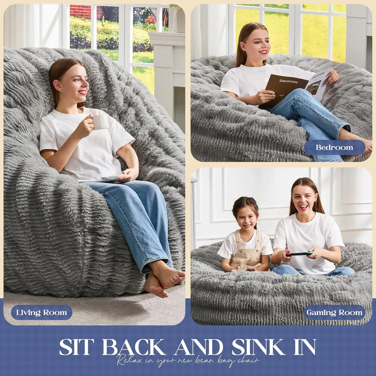 Sillón Puf Cómodo de Espuma Viscoelástica con Funda Esponjosa, Tamaño de 91 cm para Adultos (Gris)