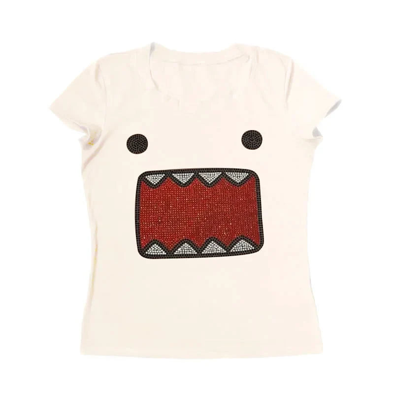 2025 summer new women Y2K Girl Retro Hot Fix Rhinestone Application Round  Neck Top T-shirt  Funny Vintage Tama Jun Top