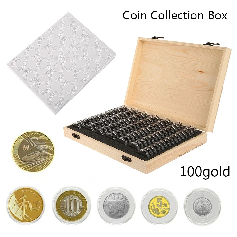 100 unidades de cápsulas transparentes para monedas, caja universal de almacenamiento de monedas con almohadilla de ajuste, contenedor de monedas conmemorativas y medallas de madera ajustable