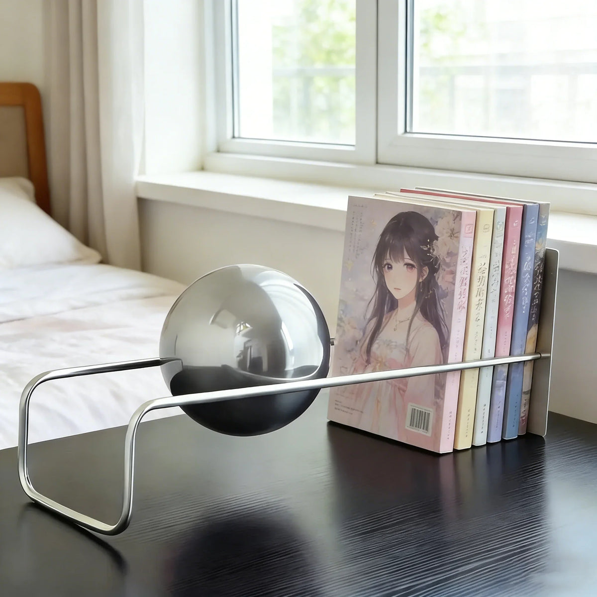 Modern Gravity Ball Book Holder – Bauhaus Mid-Century Desktop Organizer, Chic Magazine & Newspaper Rack, Stylish Office Desk