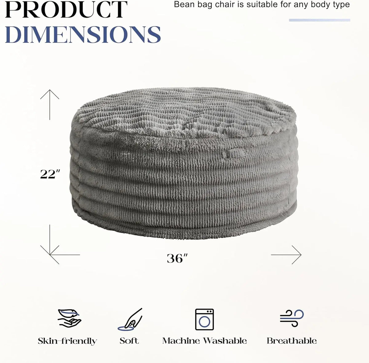 Sillón Puf Cómodo de Espuma Viscoelástica con Funda Esponjosa, Tamaño de 91 cm para Adultos (Gris)